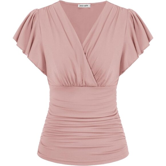 Women's Tops Summer Elegant Wrap Blouse V Neck Long Sleeve Casual Ruched Top - Picture 1 of 6